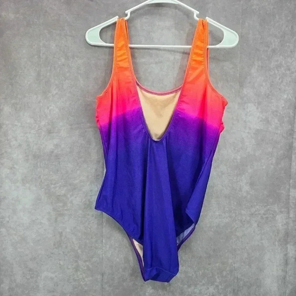 Basic Editions Orange Purple Ombre Bodysuit Swimsuit Swimwear One Piece Size 16 - Picture 2 of 4